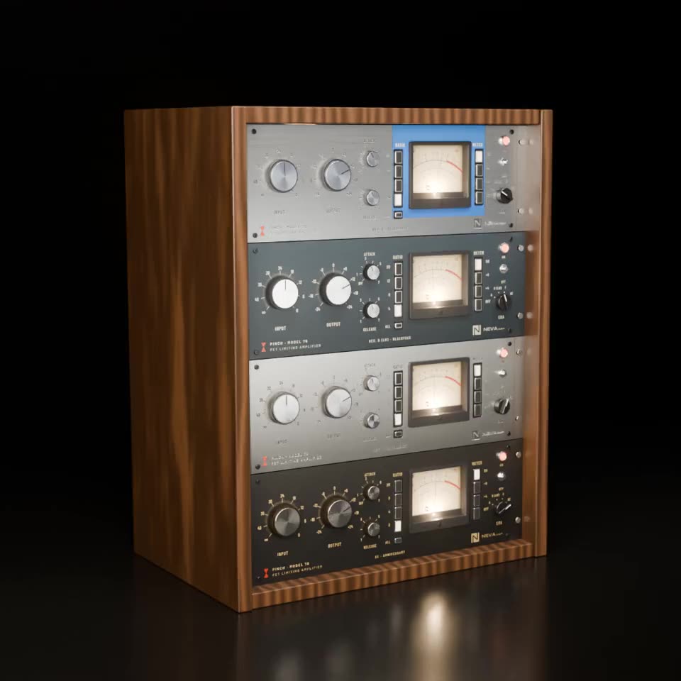 Four PINCH-76 analog FET compressor plug-in units, one per revision, stacked in a walnut studio rack